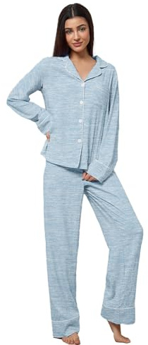 Generisch Pijama de maternidad para mujer de tejido acanalado - Conjunto de ropa de dormir de dos piezas para el embarazo | Cómodo pijama con botones y pierna ancha, Style_z02 Blue, L