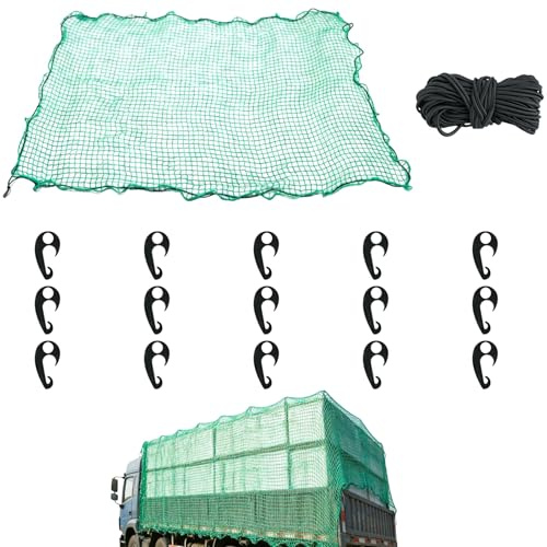 SWEWARM Pickup Truck Cargo Net 8.9 x 12.1 ft, Heavy Duty Trailer Cargo Net with 15 Hooks & 32.8 ft Bungee Cord, Flexible Elastic for Car, Roof, Bed, Green