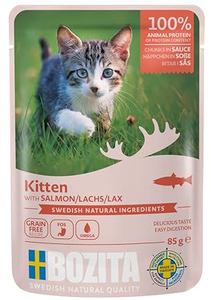 Bozita mit Lachs für Kitten ohne Getreide - kleine Häppchen in Sauce mit Omega 3 für Kitten - 12x85g Nassfutter im Portionsbeutel für Junior Katzen Aller Rassen