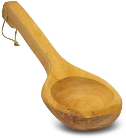 Sauna-Kelle aus dunklem Thermoholz - Traditionelle Aufgusskelle aus wärmebehandelter Erle - 40 cm Saunakelle mit Aufhängeschlaufe