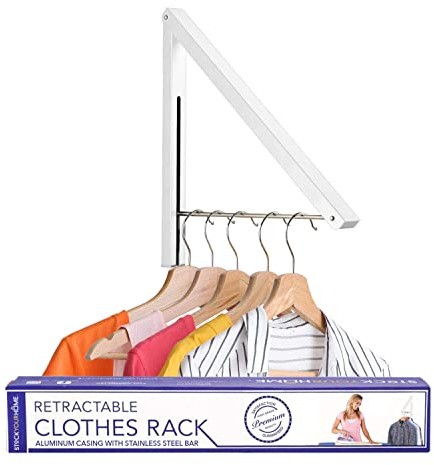 Single Foldable Clothing Rack, Wall-Mounted Retractable Clothes Hanger for Laundry Dryer Room, Hanging Drying Rod, Small Collapsible Folding Garment Racks, Dorm Accessories (White)