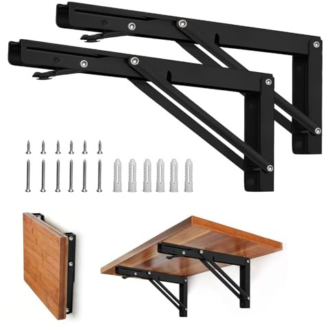Storystore Folding Shelf Brackets - 12 Inch Heavy Duty Metal Collapsible Shelf Bracket for Bench Table, Shelf Hinge Wall Mounted Space Saving DIY Bracket, Max Load: 150 lb (2PCS, Black)