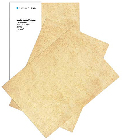Betterpress® 100 Blatt DIN A4 120 g/m² Urkundenpapier A4 bedruckbar Gastropapier Briefpapier Altes Vintage Papier Elefantenhaut Papier Speisekartenpapier beidseitig Schatzkarte Flaschenpost
