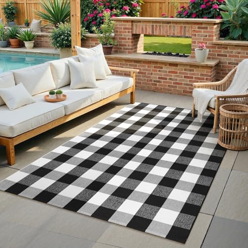 KIMODE Spring Buffalo Plaid Rug 4'x6' Black and White Checkered Rug Farmhouse Cotton Hand-Woven Patio Rug Indoor Outdoor Area Rug Washable Floor Carpet for Front Door Front Porch Living Room