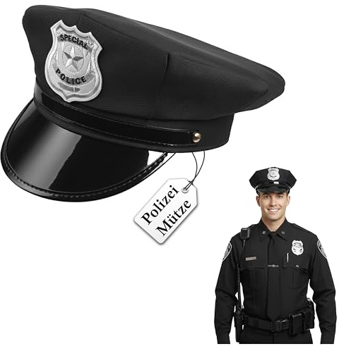 Balinco Polizei Mütze für Erwachsene – Polizei Hut mit Emblem und dunklem Schirm, Police Cap für Fasching, Karneval, Mottopartys und Kostüme – Schwarz