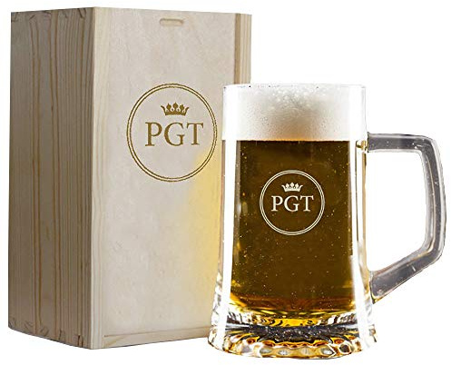 Cadeau personnalisé : chope à bière avec étui en bois gravé avec vos initiales