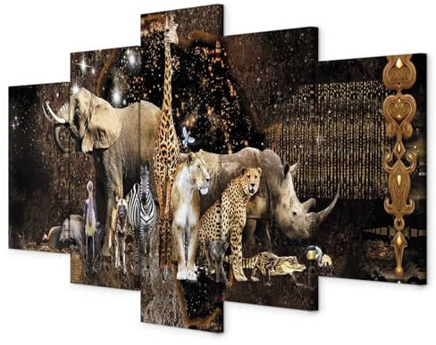 B&D XXL - Wandbilder XXL Tiere 225x112cm 5 tlg - Wand Deko Leinwand Bilder Groß Wanddeko Wohnzimmer Schlafzimmer Kunstdrucke - Afrika Abstrakt Zebra Elefant Löwe g-C-0284-b-m