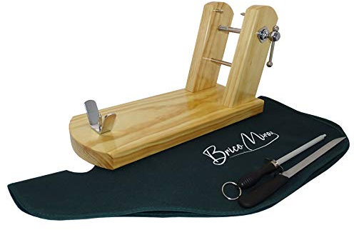 BRICOMIRAS - Jamonero Modelo Rioja en Madera de Pino | Incluye Cuchillo y Chaira | Ideal para Cortar Jamones, Natural, Cubrejamón Verde