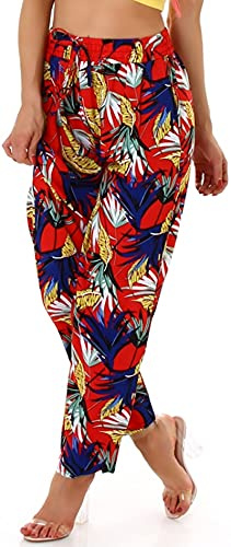 Jela London Damen High-Waist Sommerhose Palazzohose dünn Blumen atmungsaktiv Relaxed, 91 Rot 40-44