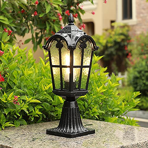 Mengjay Trade Rustic Garden Lamp Antique Use Outdoor Pedestal Light Path Lamp Glass Aluminum Pedestal Lamp Outdoor Pathway Driveway Pillar Lamp, Black.
