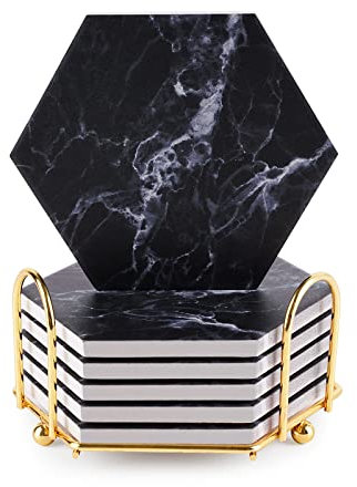 Black Coasters,Coaster for Drinks, Absorbent Marble Coasters with Metal holder for Various Cups, Tables and Home Decor