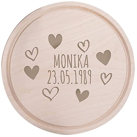 Deitert Frühstücksbrettchen mit Name, Datum oder Wunschtext graviert - Holzbrett Geschenk für Valentinstag, Hochzeit, Geburtstag für Frauen/Männer - Schneidebrett Holz Rund, 28 cm Ø, Herzrahmen Gravur