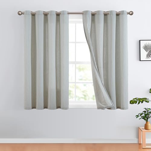 TOPICK Vorhänge Gestreifte Gardinen Modern 2er Set H145xB130 Blau Beige | Leinen Vorhänge Leinenoptik Vorhang Wohnzimmer Privarsphäre Gardine Lichtfilterung Ösenschal mit Streifen Muster
