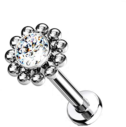 Paula & Fritz® Push-In Labret Piercing Silber Zirkonia Klar Titan-IUM Grade 23 Kugel Piercing Set Mehrfarbig 1-mm Stab-Dicke Madonna Medusa Helix