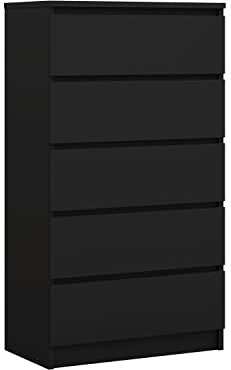 3E 3xE living.com Kommode mit 5 Schubladen, Farbe: Schwarz Matt, H: 124 cm, B: 70 cm, T: 39 cm
