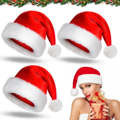 JIASHA Weihnachtsmützen,3 Stück weihnachtsmützen erwachsene,Nikolausmütze,Plüsch Weihnachtsmütze,Rot Santa Mütze,Weihnachten Hüte,Kuschelweich & Angenehm,für Neujahr Festliche Weihnachtskostüm Party