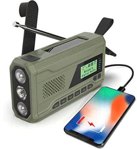 Radio Portable Radio Digital Radio Outdoor Solar Hand Crank Emergency Radio Usb Rechargeable Am/Fm/Dab Radio with Flashlight Green