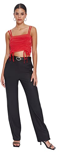 Trendyol Pantalon Taille Haute Jambe Large Coupe régulière pour Femme, Noir, 66
