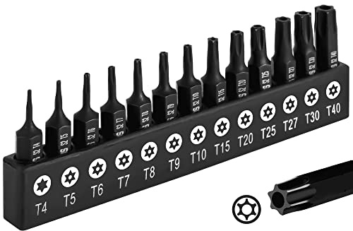 DAKCOS Torx Bit Set 13-teiliges T4, T5, T6, T7, T8, T9, T10, T15, T20, T25, T27, T30, T40, Schrauber Bit Set Torx aus S2 Stahl, T-Profil mit bohrung, Länge: 25 mm | Aus S2 Stahl, T-Profil mit bohrung, Länge: 25 mm