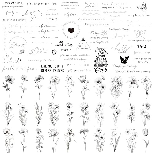 Esland Realistische temporäre Tattoo – 60 Blatt kleine Fake-Tattoo, 30 Stück aussagekräftige Schrift-Wörter-Tattoos, 30 Stück Strichzeichnungen, Wildblumen-Natur-Tattoo-Aufkleber für Frauen