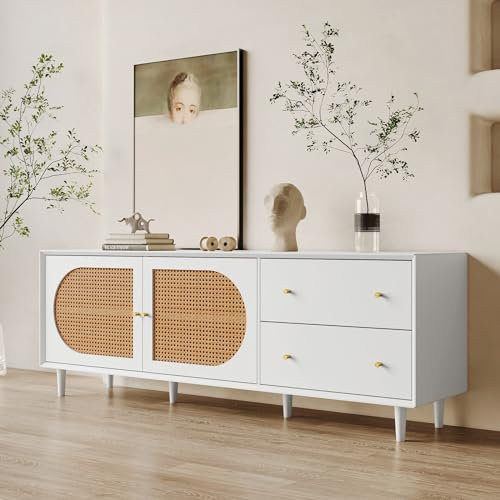 AMDXD Praktiskt vitt TV-skåp med äkta träfötter och gott om lagringsutrymme – 2 lådor, 2 dörrar med snygg rottingdesign för din underhållningselektronik TV-bord
