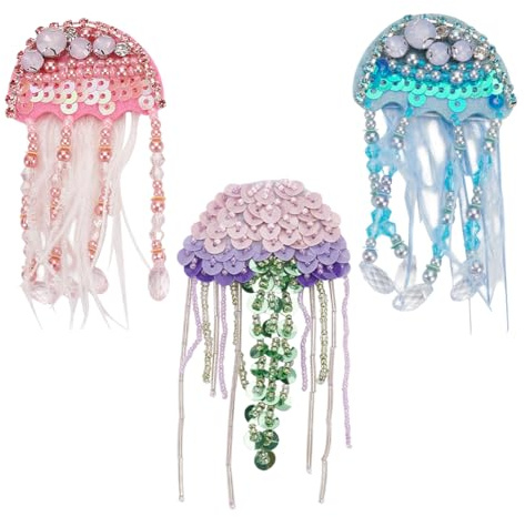 INFUNLY Quallen-Aufnäher mit Pailletten, Quallen, für T-Shirts, Meerestiere, Aufnäher mit Quaste, handgefertigt, für Kleidung, Taschen, Handtasche, Jeans, Jacken, Kleider, 3 Stück