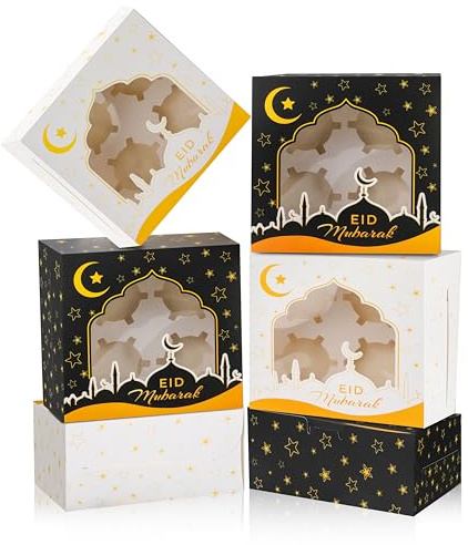 DPKOW Boîtes Eid Mubarak avec Fenêtre Transparentes pour Friandises, Beignet, Biscuits, Bonbons et Cupcake - Aïd Décoratif Islamique 16*16*7.5cm