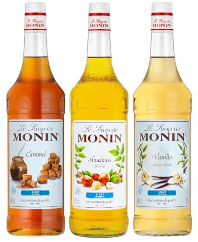 MONIN Zuckerfrei Kaffee Sirup Set 3 x 1,0 l | Zuckerreduzierte Sirupe mit Vanille, Karamell & Haselnuss - für Kaffee, Matcha und Desserts