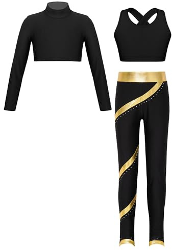 dPois Kids Girls Dance Outfit Sport Tracksuit Gymnastics Crop Tops Shirts and Yoga Leggings Pants Set Gym Activewear Black&Gold 10 Years