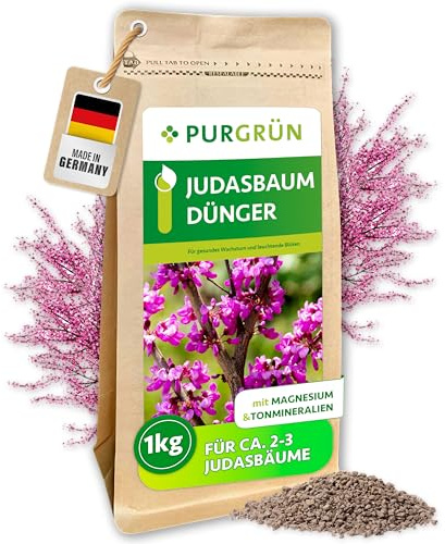 Purgrün® Judasbaum-Dünger 1 kg – Organisch-mineralische Rezeptur – Feinkörniges Krümelgranulat – NPK 8+4+5 – Extra Magnesium für prächtige Blüten – Verbessert die Bodenqualität
