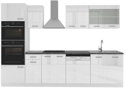 Vicco Küchenzeile R-Line, Weiß Hochglanz, 300 cm | 8 Module · Höhenverstellbare Füße · AP Anthrazit inkl. · Robuste Fronten · Mit Backofen-/Mikrowellenschrank
