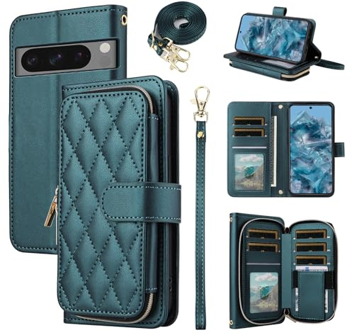ELISORLI Wallet Case for Google Pixel 8 Pro 5G with Wrist Strap, Crossbody Shoulder Strap, Luxury PU Leather Stand Cell Phone Cover with 9+ Card Slots for Pixel8Pro Pixel8 XL Eight 8Pro Women Green