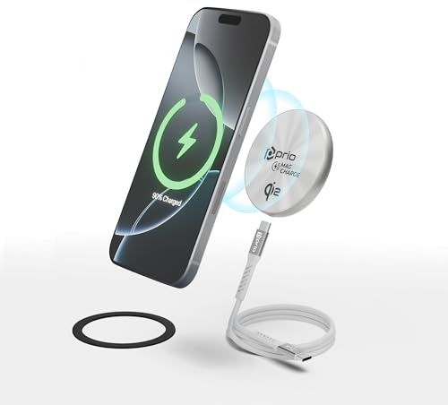 prio® 15W Magnetisches Kabelloses Ladegerät MAG (Qi2) | Wireless Charger mit USB C Anschluss | kompatibel mit iPhone 17–8 & Samsung S25–S20 | Schnell & sicher | Aluminium Design in Silber