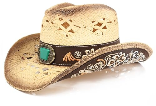 Western-Cowboyhüte für Herren, Cowgirl-Strohhüte, Wildlederimitat, bestickte Sonnenhüte, Beige, XL/Einheitsgröße
