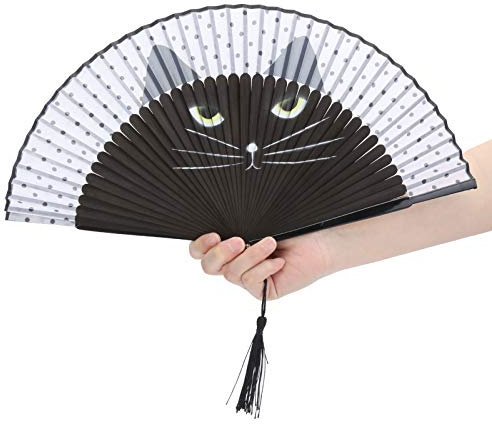 EIMSOAH Cartoon-Katzen-Faltfächer, Handfächer, Praktischer Bambus-Handfächer, Faltfächer mit Bambusrahmen und Eleganter Quaste, für Tanzen, Partys und Dekoration