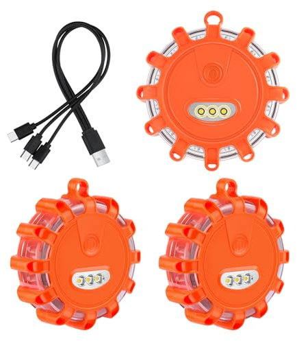 Amzpas USB Rechargeable LED Road Flares Emergency Lights-Roadside Warning Car Safety Beacon Flashing Disc Flare Kit with Magnetic Base & Hook for Vehicles & Boat(3 Pack-Orange Light)