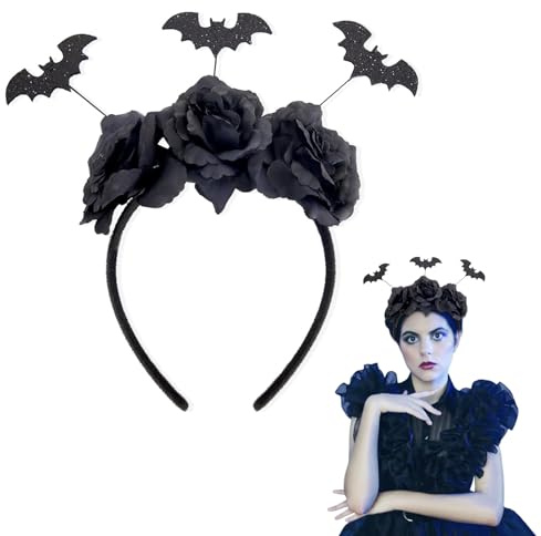 GUOYOU Fledermaus Ohren Haarrif,Schwarze Bat Kopfschmuck Mit Blumen Fledermaus Blumen Personalisierte Kopfbedeckung Gotisch Stirnband Halloween Party Passende für Frauen und MäNner