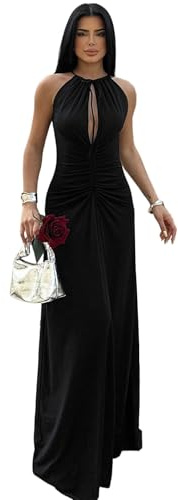 Hanaoops Abito da Sera Lungo da Donna Abito Maxi Senza Maniche Elegante Increspato Vestito Collo Girocollo Bodycon Vestiti da Cerimonia Sexy Tagliato Abito per Partito Festa Banchetto Cocktail