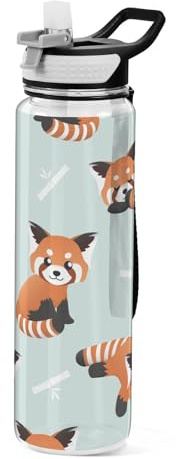 Mnsruu Transparente Sport-Wasserflasche mit Strohhalm, auslaufsichere Trinkflasche, niedlicher roter Panda, Bambus-Fahrradflaschen für Sport, Büro, Schule, BPA-freier Tritan-Kunststoff, 1 Liter