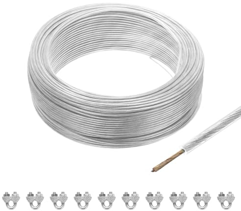 QUARKZMAN 100 meter x 3 mm vajer förzinkad, stålvajer spänntråd, hölje med 10 x M3 vajerklämma, stålkärna, gardinrep, tvättlina skogsrep för klätterväxter, gardin, klar