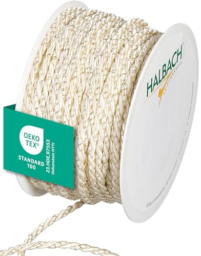 Halbach Seidenbänder Cordón Premium Bicolor | Ancho 4 mm Largo 25 m | Fabricado en Alemania y Certificado Öko-Tex | cordón de satén Brillante de Acetato | Color: Crema/Dorado