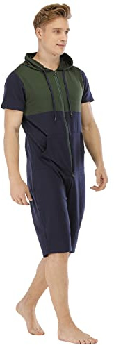 Herren Kurz Jumpsuit Onesie Sommer Overall Pyjama Hoodie Jogginganzug Männer T-Shirt Kurze Bequem Hose Schlafanzug Einteiler Sommerjumpsuit Größe