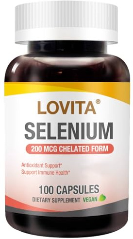 LOVITA Selenium 200 mcg, Glycinate Chelated Form for High Absorption, Yeast Free, Immune & Thyroid Health Support 100 Vegan Capsules