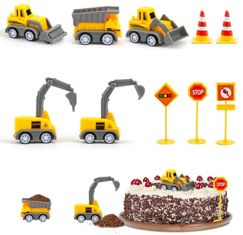 Baustellenfahrzeuge Kinder, 10 Stück Bagger Tortendeko für 2 3 4 5 Jahre | Mini Bagger Kuchendeko Spielzeug mit Verkehrsschildern, Baufahrzeuge für Geburtstag Junge Mädchen