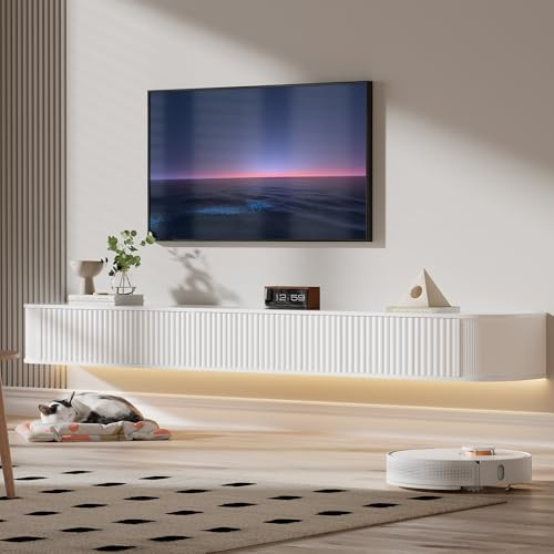 PURFINO Mobile TV Sospeso con Luce LED – Mobile TV a Parete da 140CM con Archiviazione Migliorata & Bordi Arrotondati, Consolle Multimediale TV Moderna per TV da 75-85 Pollici