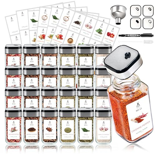 SAEIV 24-tlg. Gewürzgläser Set 120 ml, Luftdichte Schraubdeckel mit Streueinsatz, Gewürzdosen für Küchenorganisation, Gewürze & Kräuter Aufbewahrung, Inkl Etiketten