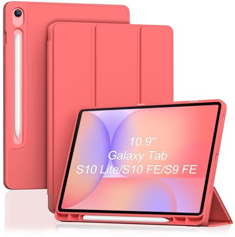ProCase Funda Para Samsung Galaxy Tab S10 Lite/S10 FE 10.9 2025 / Tab S9 FE 10.9 2023, Funda TPU Con Portalápiz S Pen Compatible Con Carga Magnética, Auto Sueño/Despertar,Soporte Plegable-Rojo Coral
