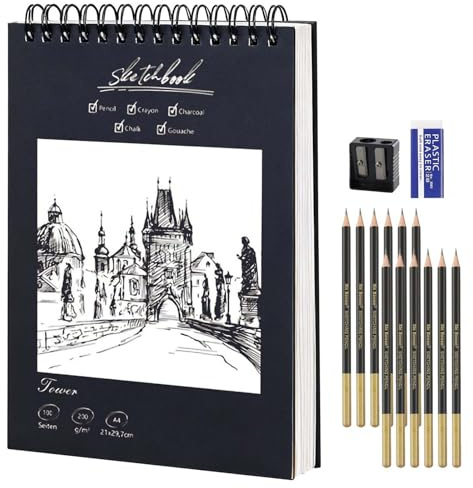 A4 Skizzenbuch Set, 200g/m² Dickes Papier 100 Seiten/ 50 Blätter Spiralbindung 14 Zubehörteile: 12 Skizzenstifte, Radiergummis Spitzer, Skizzenblock A4 Hardcover Zeichenblock für Zeichnen Malen Kunst