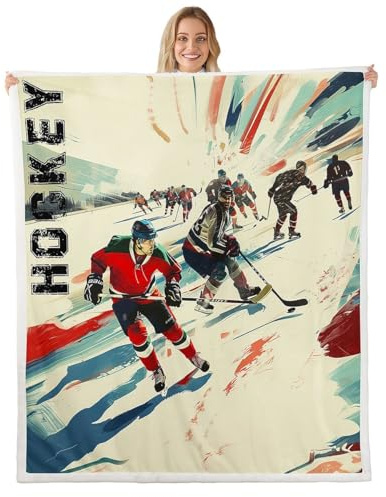 Erosebridal Ice Hockey Fleece Blanket 40x50 | Competitive Games Athletic Fuzzy Plush Throw for Sofa Couch Sports Theme Puck Player Sherpa Blanket Teamwork Sports Game Pattern