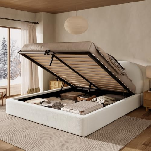 EURHCIO Lit Coffre 180x200cm,Lit Double Adulte avec Fonctionnel Hydraulique,Tête de Capitonné,Sommier à Lattes,Tissu de bouclé,sans Matelas (Beige-C-bouclé-180)